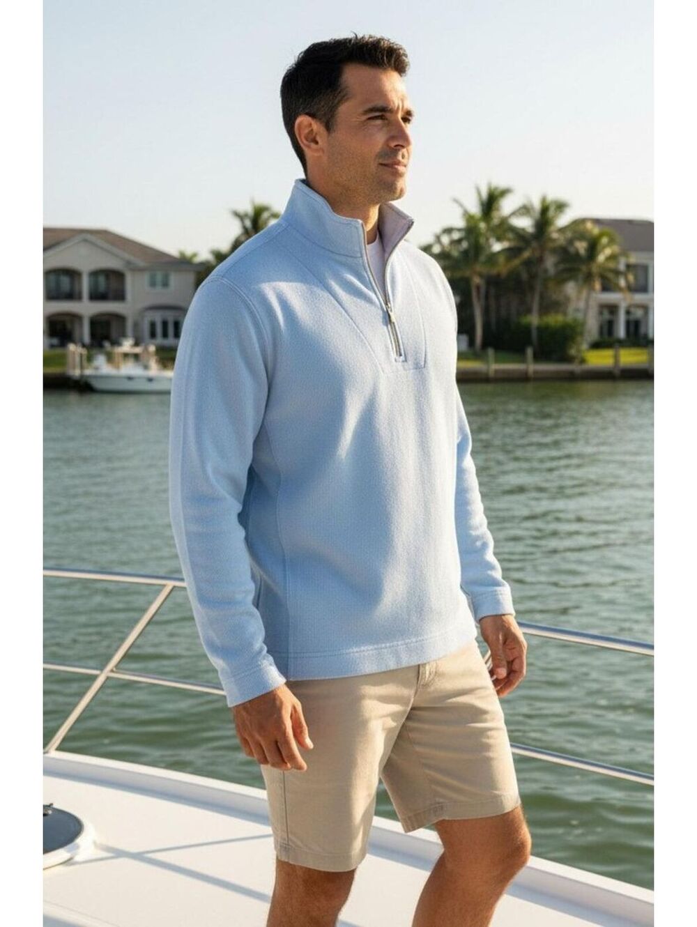 Tommy Bahama Quarter Zip Pullover Men XL Light Blue Ribbed Cotton Resort
